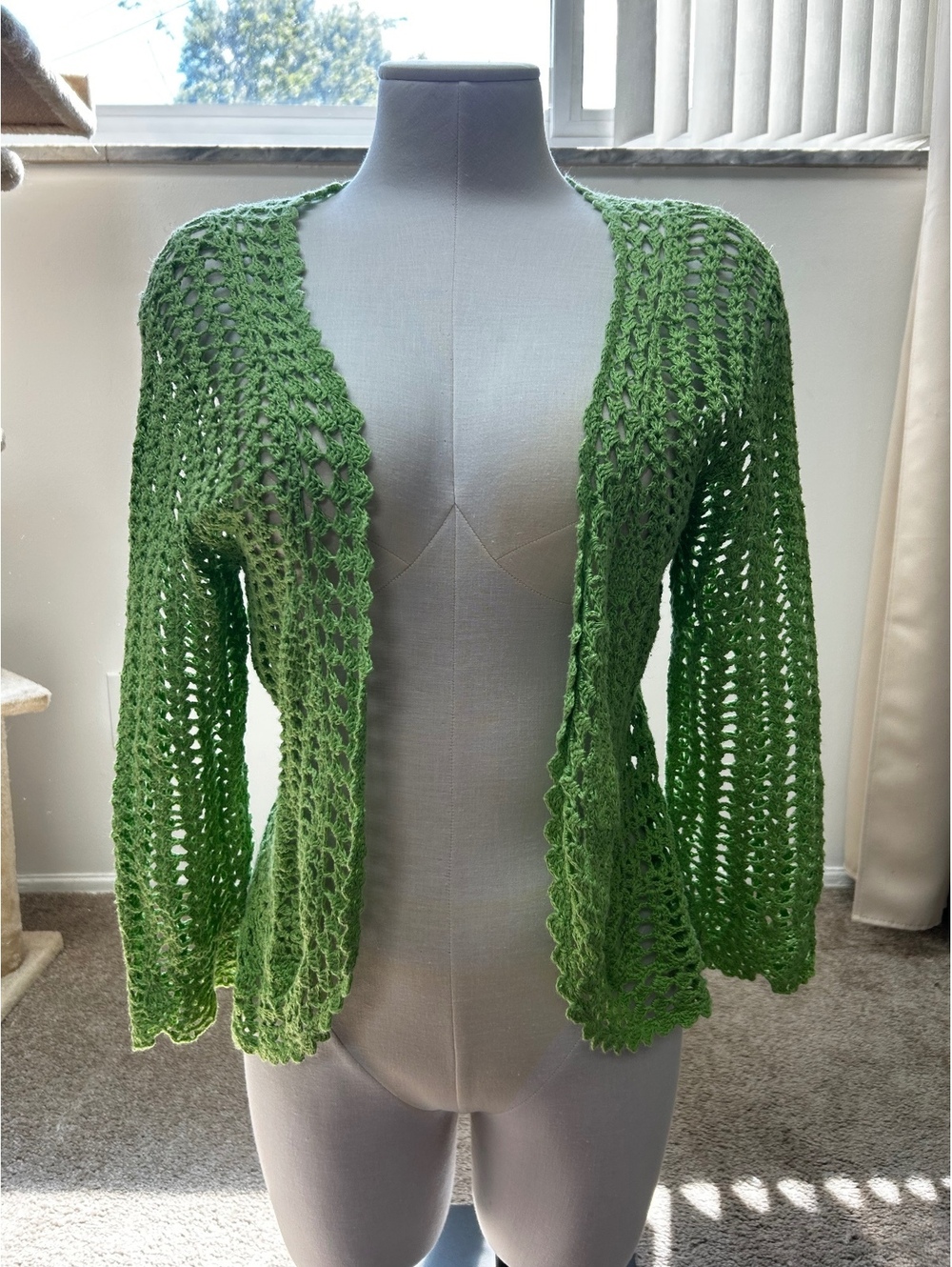 Isabella Rodriguez Green Crochet Open Front Cardigan, Lightweight Long Sleeve